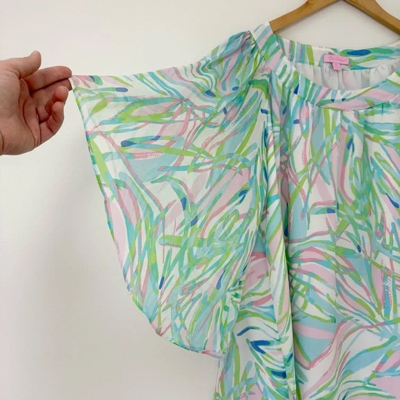 Lilly Pulitzer Silk Marietta Caftan Mini Dress in Salute Print Bell Sleeve Sz M - Picture 5 of 16